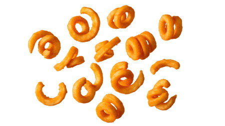 (179) showing scattered curly fries with orange seasoning on a clean white background isolated...