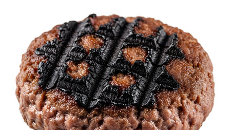Extreme close-up of a grilled beef burger patty featuring deep black char marks and a textured,...