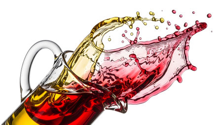 Vibrant red and yellow liquids splash dynamically from a glass pitcher, captured in motion...の写真素材