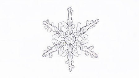A detailed macro of a single hexagonal ice crystal snowflake against a white background.