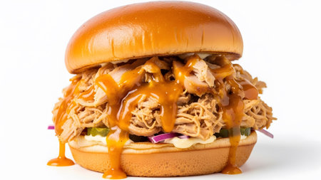 Sauce showing pulled chicken sandwich drenched in savory bbq sauce on a golden brioche bun with...