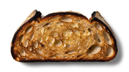 Bubbly showing slice of dark toasted sourdough bread with a bubbly, golden interior on white....