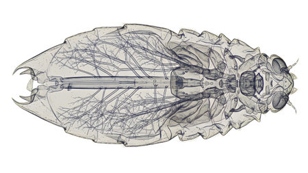 Detailed microscopic view of an insect larva's internal anatomy showing a branching circulatory...