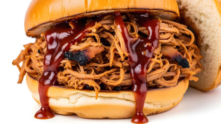 Sauce showing pulled pork sandwich drizzled with bbq sauce on a toasted bun isolated on white....