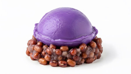 A smooth scoop of vibrant purple ube ice cream sits atop a mound of cooked sweet red beans on a...