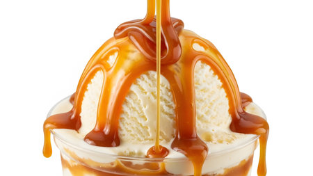 Vanilla showing scoops of vanilla ice cream in a clear cup with caramel sauce dripping down....の写真素材