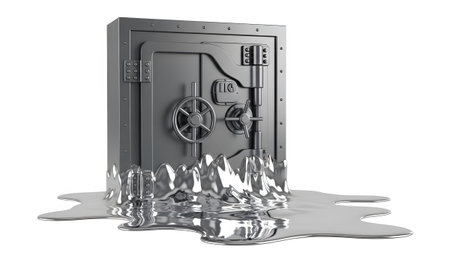 A silver bank vault door is melting into a pool of liquid metal on a white background....
