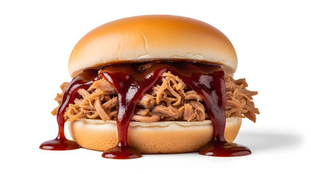 Pulled showing pulled pork sandwich with bbq sauce dripping on white background. resolution...
