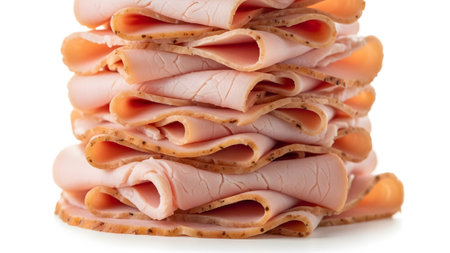 A close-up view of a tall stack of thinly sliced pink deli turkey meat with visible pepper...