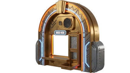 A vintage style drive thru ordering booth constructed from gold metal and illuminated with...