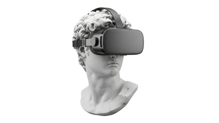 Bust showing white marble bust of david wearing a black virtual reality headset on a white...