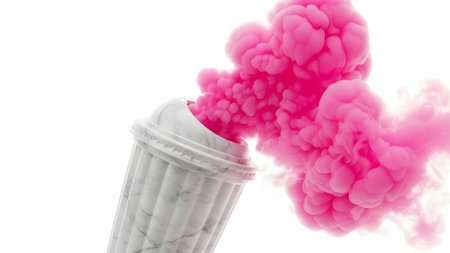 A white marble cup with a lid is shown releasing a large cloud of vibrant pink smoke against a...