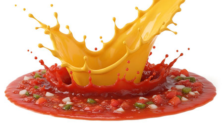 A vibrant yellow liquid splashes into a pool of red salsa containing diced tomatoes and green...の写真素材