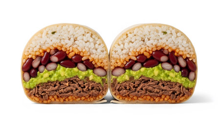 Two halves of a large burrito are presented, revealing distinct layers of shredded beef, rice,...