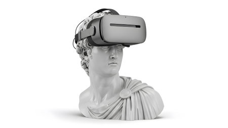 Bust showing white marble bust of david wearing a black virtual reality headset on a white...