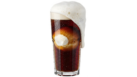 Root showing tall glass of dark root beer float with overflowing creamy foam and melting ice...