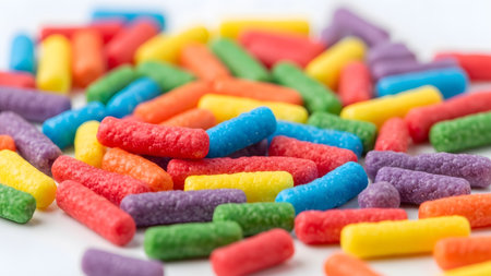 Scattered showing scattered assortment of brightly colored rod shaped candy sprinkles.の写真素材