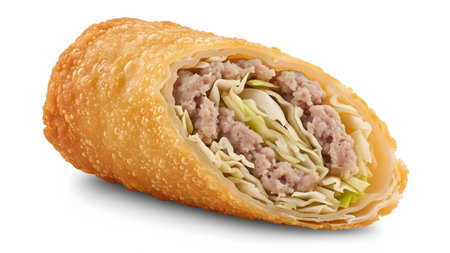 Golden showing half of a crispy golden fried egg roll filled with cabbage and meat.
