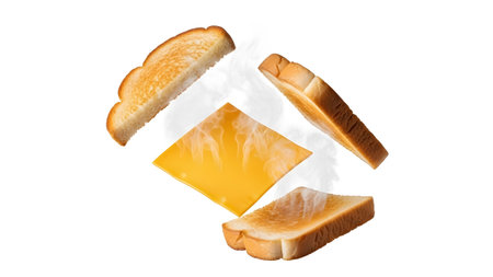 Melting showing toasted bread slices and a slice of melting cheese with steam rising in a...
