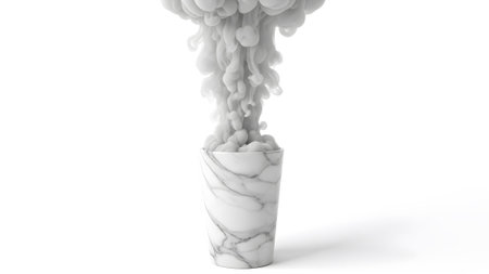 Cloud showing marble cup emitting a large cloud of white smoke on a white background.の写真素材