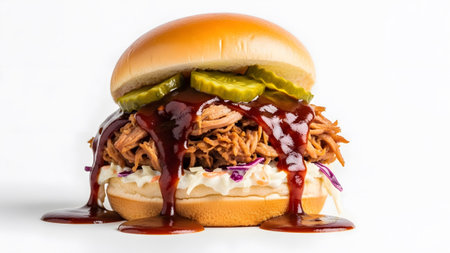 Pulled showing pulled pork sandwich with coleslaw pickles and bbq sauce drizzling down.