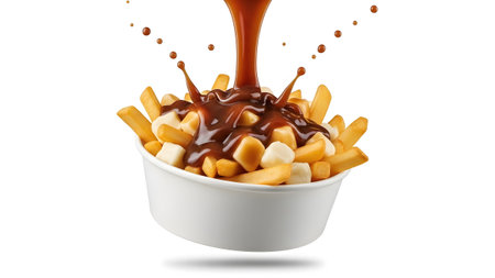 Savory showing poutine with french fries cheese curds and rich brown gravy being poured on...