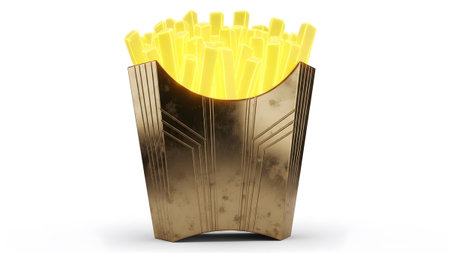 Container showing golden french fries illuminated with a bright yellow glow in a decorative...