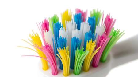 showing close up of a colorful toothbrush head with bright pink yellow blue and white...