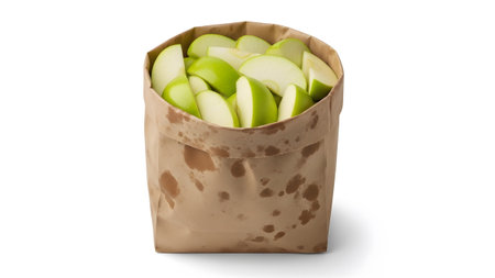 showing brown paper bag filled with sliced green apples on a white background.の写真素材