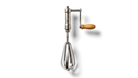 Wooden showing antique hand crank whisk with wooden handle and single metal beater on white...