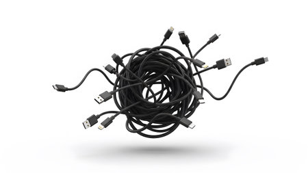 Black showing a spherical cluster of black usb and lightning charging cables with connectors...