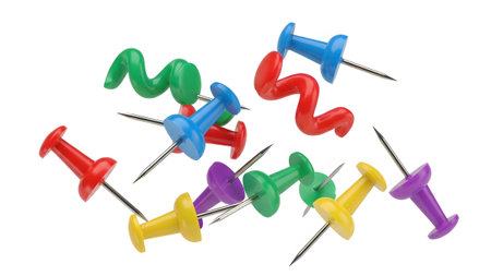 With showing assortment of colorful thumbtacks with metal pins and plastic heads in various...