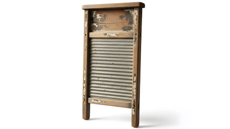 Wooden showing antique wooden washboard with corrugated metal insert and peeling paint.