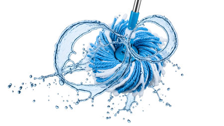 Water splashing around a blue and white mop head on a white background.
