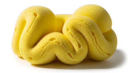 showing bright yellow abstract sculpture with a textured surface and a white background....の写真素材