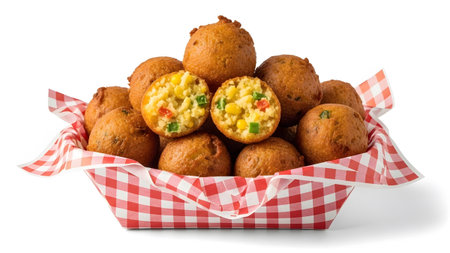 Stock showing basket of golden fried corn fritters with visible corn and peppers.