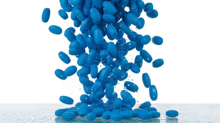 A cascade of blue oval pills tumbles down, creating splashes as they hit a wet surface....