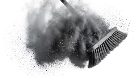 Stock showing broom sweeping up a cloud of dark gray dust and particles against a white...