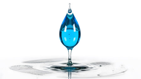 Water showing blue water drop forming a stem and splashing into a surface with ripples on white....