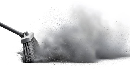 (337).png showing broom sweeping dust into a large cloud on a white background with isolated...