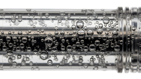 showing clear glass tube filled with numerous small and large air bubbles in clear liquid...