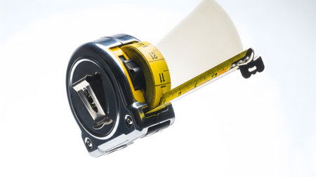 Stock showing chrome metal tape measure with yellow tape extended and partially rolled up on...