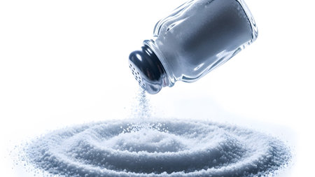 A clear glass salt shaker is tilted, pouring white granular salt onto a white surface, forming...の写真素材