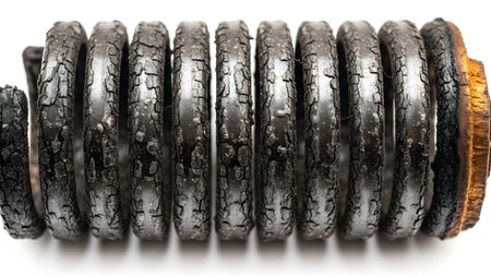 Cracked showing burnt metal coil spring with cracked black surface and orange end detail.の写真素材