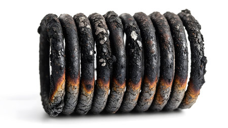 Stock showing burnt metal coil with orange and white ash residue on a white background.の写真素材