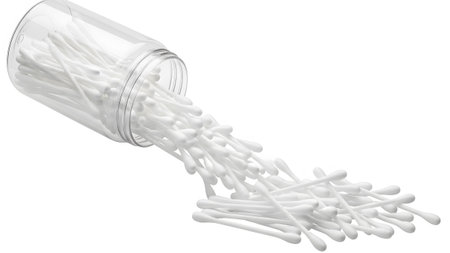 Container showing clear plastic container spilling white cotton swabs onto a white background....