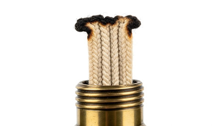 Stock showing close up of a braided wick with burnt in a brass fixture on white background.