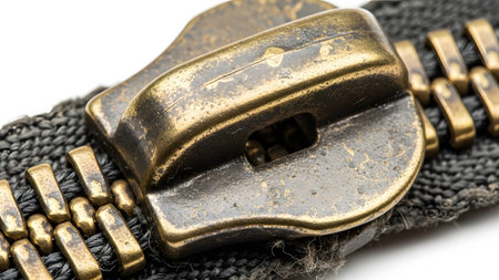 Stock showing close up macro of aged brass zipper slider on dark textured fabric.