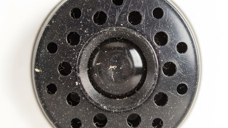 Circular showing close up of a black circular camera lens with dust and small holes around it....の写真素材