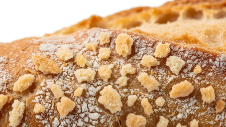 Bread showing close up of golden brown bread crust with scattered crumbs and white flour...